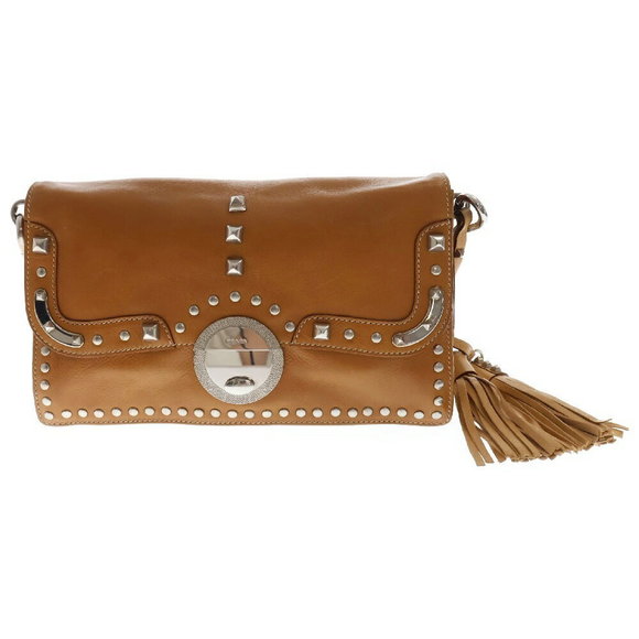 Prada Camel Clutch Leather Handbag Studded Brown Bag - Picture 1 of 5